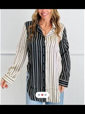 New Hers & Mine Striped Two-Tone Button-Up Shirt - Black & Cream Size Medium